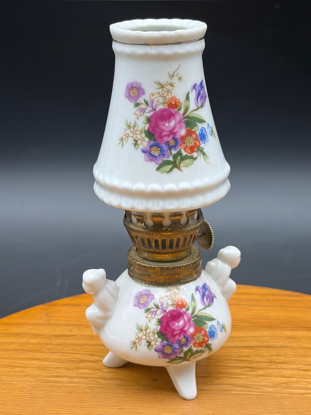 Vintage Miniature Porcelain Oil Lamp Floral Rose Cherubs Footed 6" Tall Japan